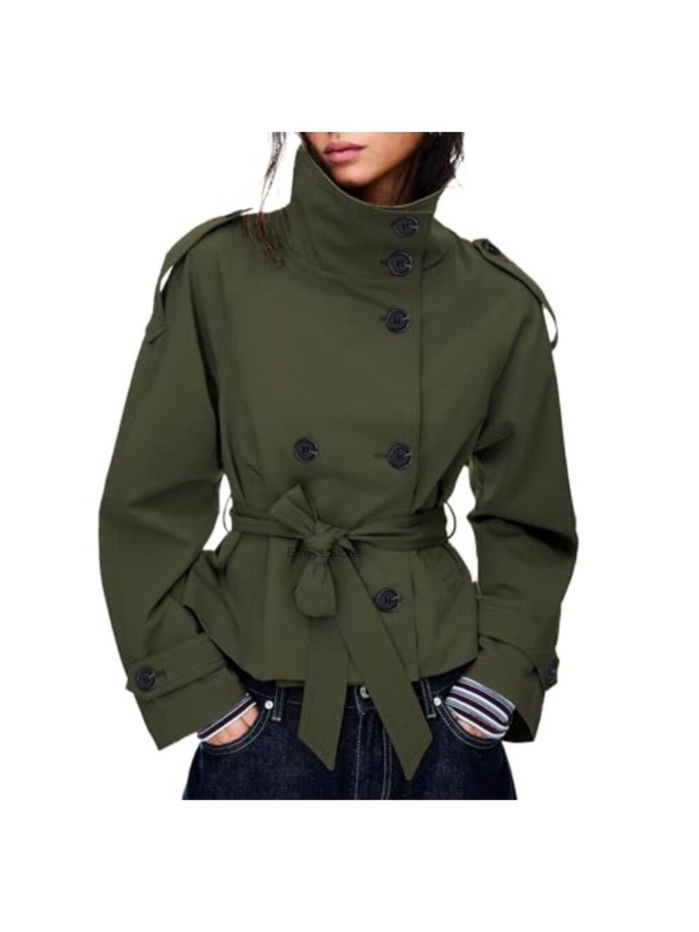 Women's Cropped Trench Coat Double Breasted Belted Funnel Neck Fall Jacket